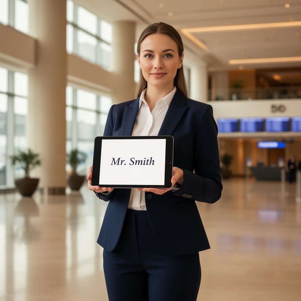VIP greeter with iPad name sign at airport curb